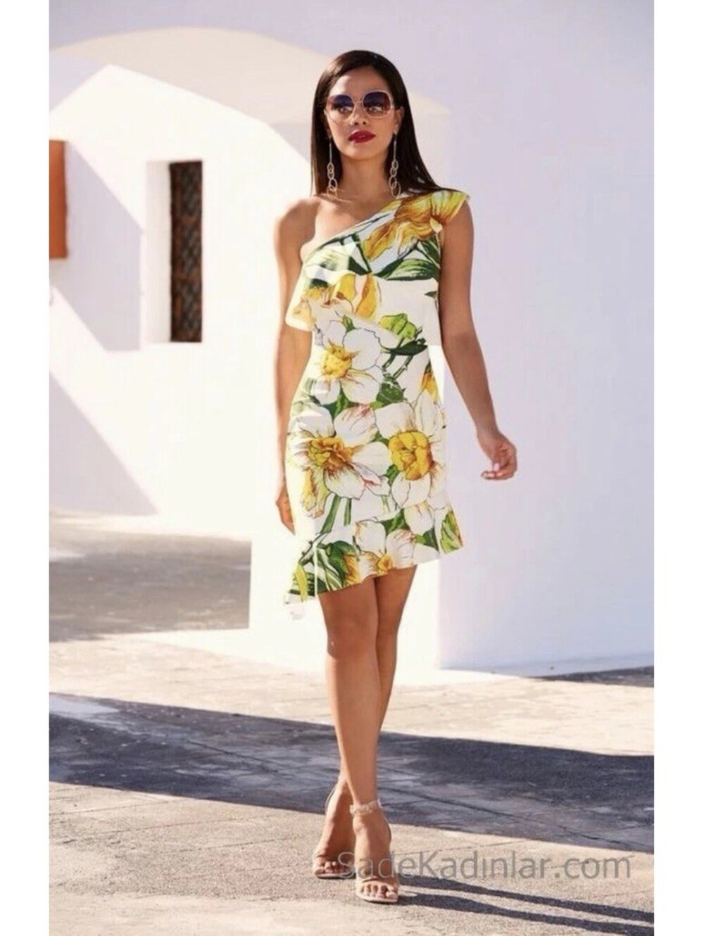 Alexia Admor One Shoulder Ruffle Dress White Yellow Green Floral Size 8 NWT